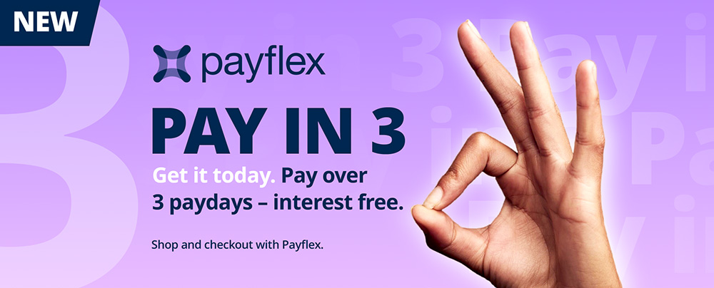 Banner promoting Payflex's “Pay in 3” interest-free payment option. Features a hand making an “OK” gesture and text highlighting stay now, pay later in three paydays, with a purple gradient background. @De Bakke Santos Mossel Bay