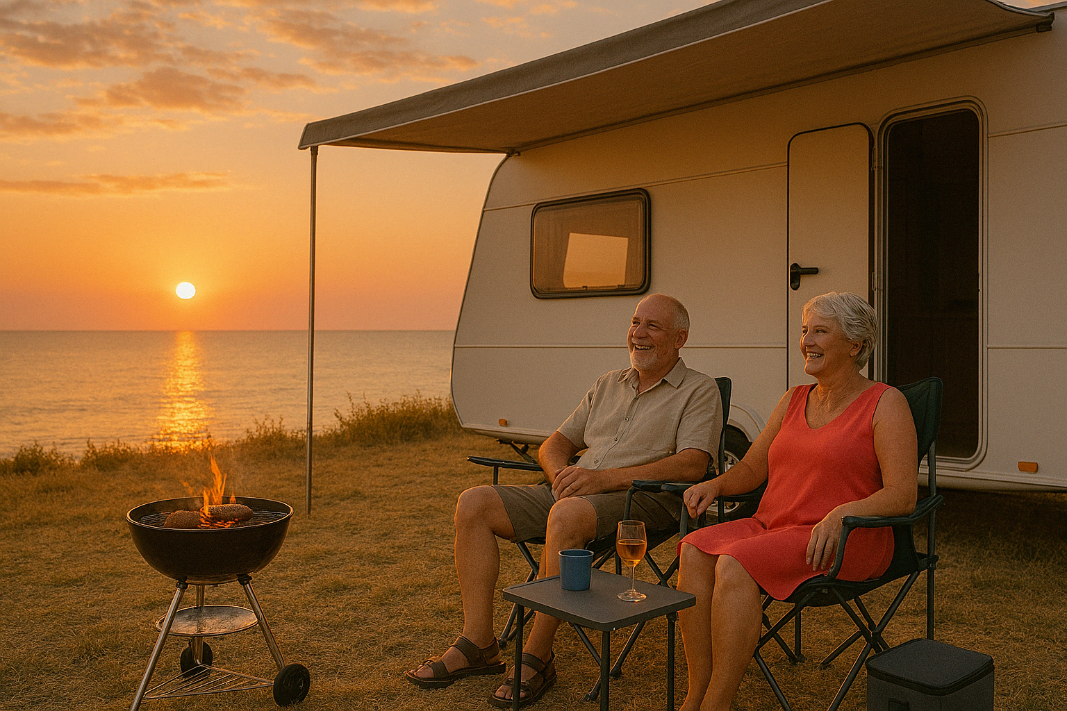 An older couple sits smiling outside their caravan by the sea at sunset, enjoying pensioner discounts as they barbecue and sip drinks on a peaceful evening. @De Bakke Santos Mossel Bay