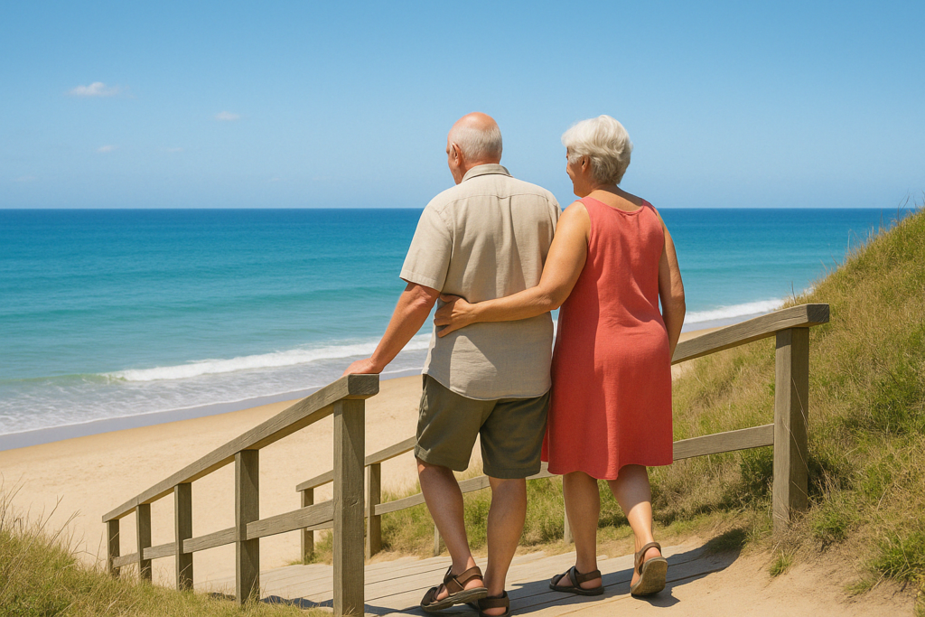 An elderly couple walks arm in arm down wooden steps toward a sandy beach, enjoying the blue sky and ocean waves—making the most of their golden years and Pensioner Discounts on a sunny day. @De Bakke Santos Mossel Bay