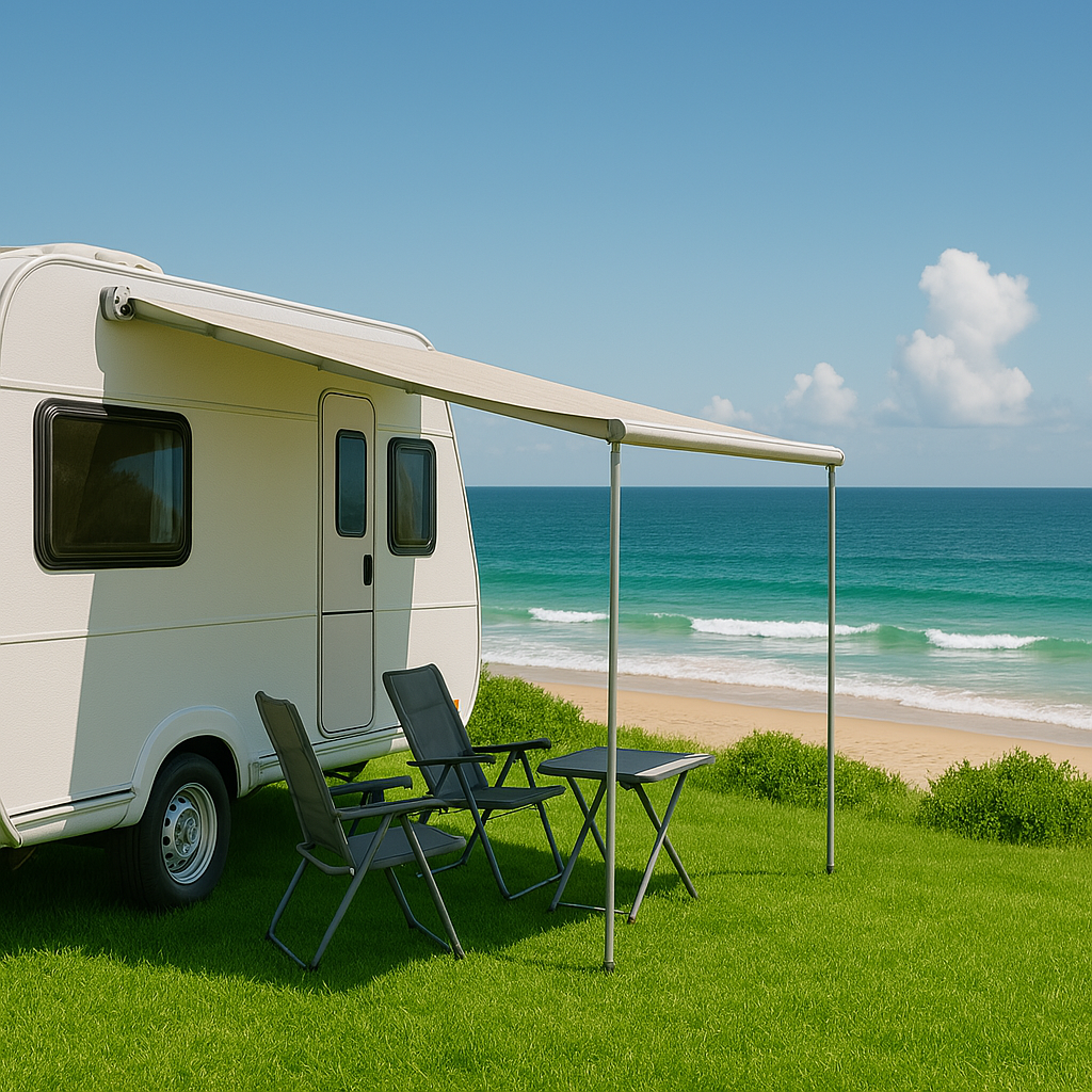 A camper van with an awning, two chairs, and a table is parked on green grass near a sandy beach at a Mossel Bay caravan park, offering self catering and camping accommodation overlooking the calm blue ocean under a sunny sky. @De Bakke Santos Mossel Bay