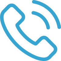 Blue icon of a telephone handset with two curved lines above it, indicating a ringing or active call. The simple, outlined design suggests communication or phone contact for self catering and camping accommodation Mossel Bay. @De Bakke Santos Mossel Bay